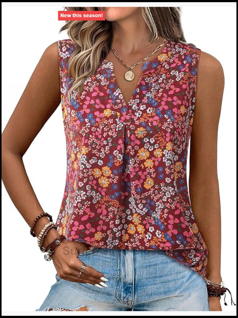 Women's V-Neck Sleeveless Tank Top Blouse Loose Fit Floral